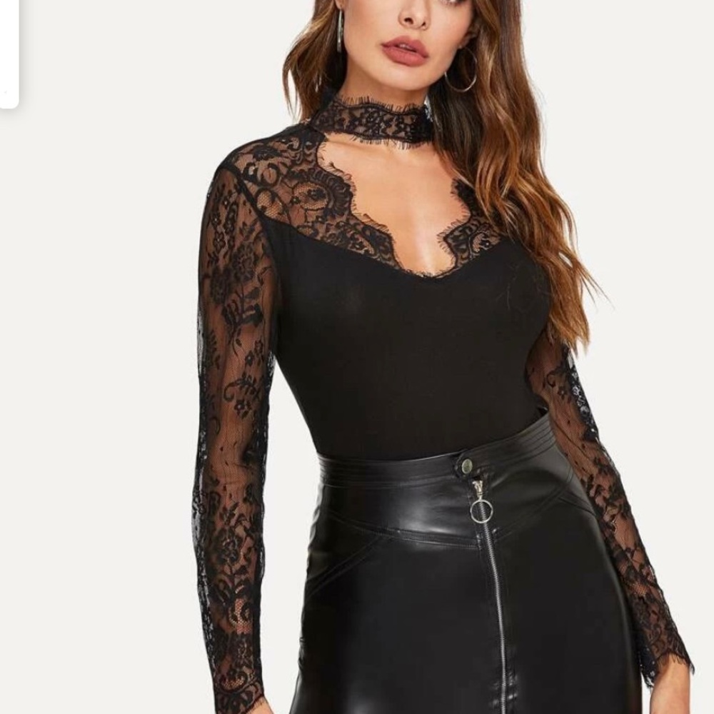 Eyelash lace yoke choker neck top